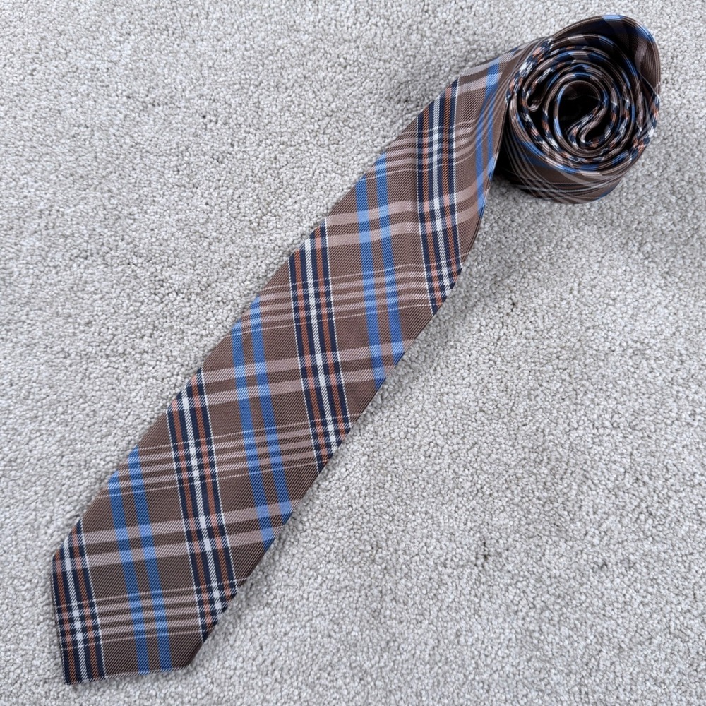 Bruno Piattelli Necktie Mens OS Brown Plaid Excellent Silk Hand Made Roma